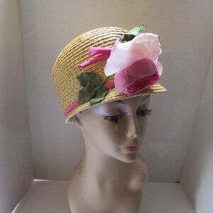 Sweet Mid Century Cloche Style Straw Hat with Pink Rose